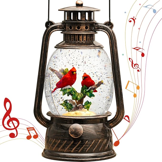 Cardinal Christmas Snow Globes Musical Lighted with 6H Time Red Bird Snow Globe Lantern Glittering