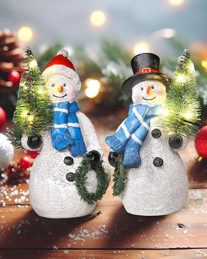 Duo 5'' Resin Snowman Figurines with Lighted Christmas Tree Wreath