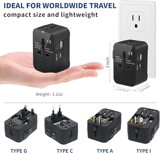 Travel Adapter with USB C, Universal All in One Worldwide Travel Adapter